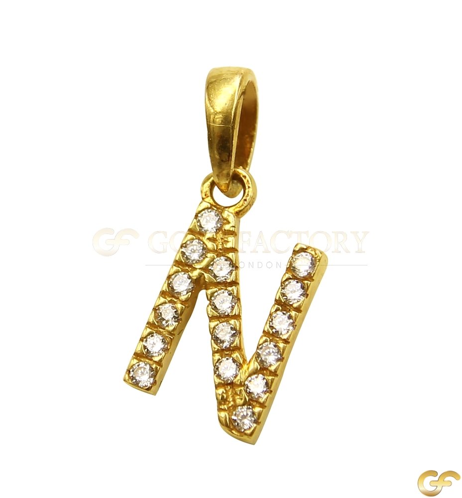 Minimalist CZ 'N' Initial 22ct Yellow Gold Pendant